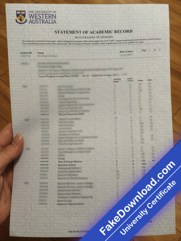 UWA Transcript Marks, University of Western Australia Template (psd)